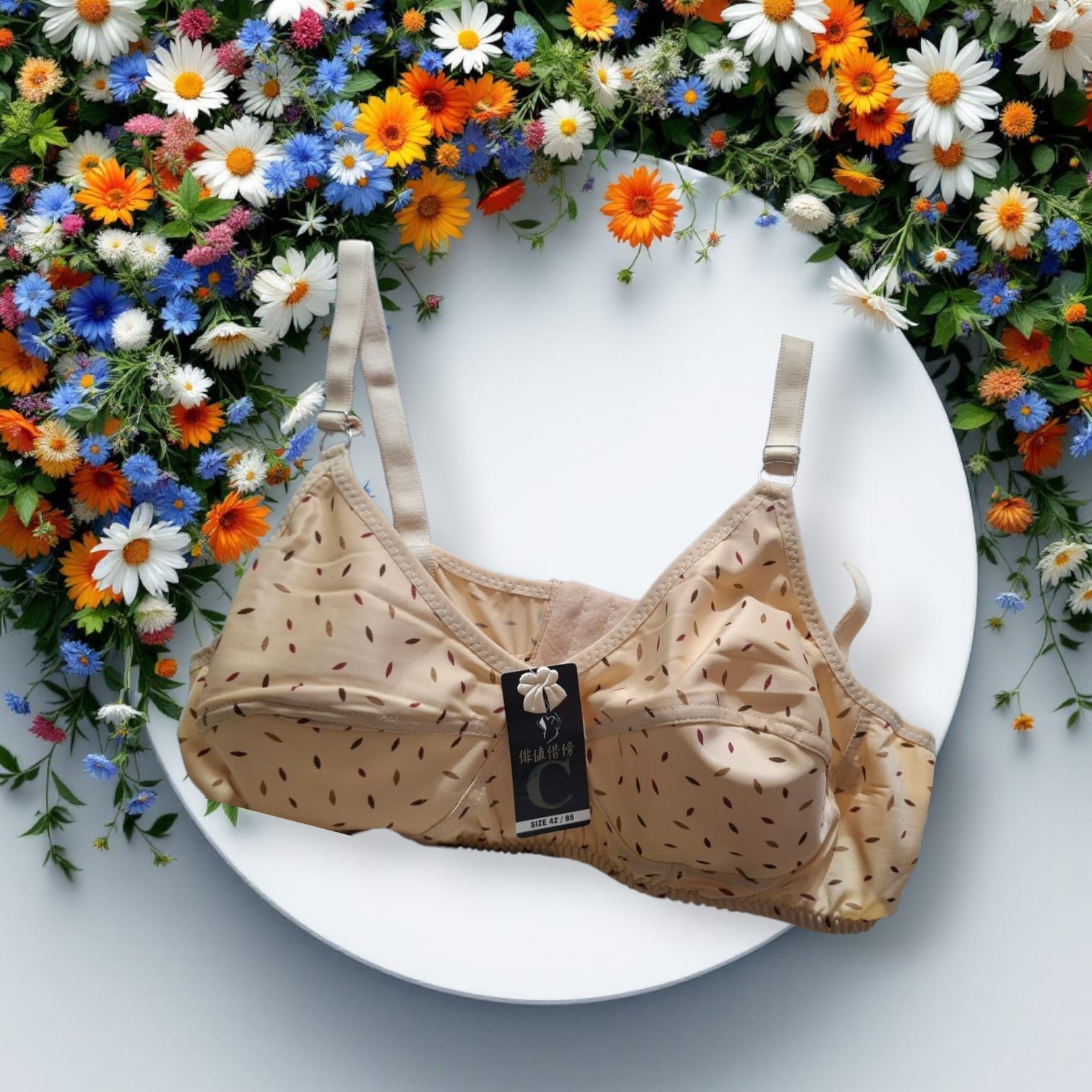 Beige Polka Dot Bra - Floral Background